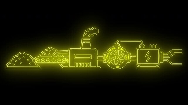 Neon green line art illustration of various food items and kitchen appliances on a black background with a white border