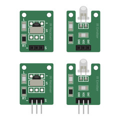 IR Receiver and Emitter sensor modules. Infrared transmitter and receiver PCB kit vector illustration for microcontroller project tutorials, electronics engineering diagrams, educational schematics