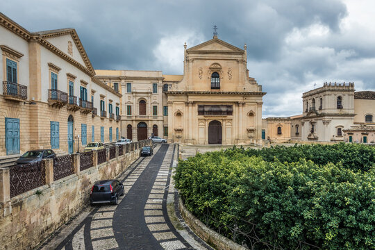 Palazzo Vescovile and Holy Saviour Church in historic part of Noto city, Sicily in Italy