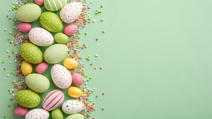 A colorful arrangement of decorated Easter eggs on a pastel green background with sprinkles