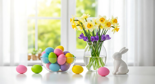 A festive Easter scene with colorful eggs and flowers on a white table by a window