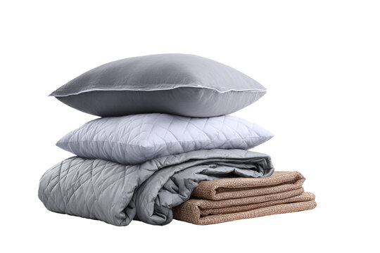 Stack of neatly folded blankets and pillows in neutral tones
