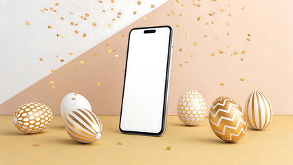 A smartphone with a blank screen surrounded by decorated Easter eggs on a pastel background