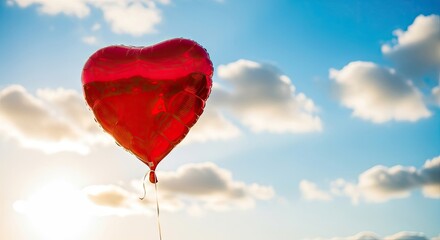 Fototapeta premium A red heart-shaped balloon floating against a blue sky with fluffy white clouds.