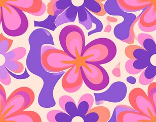 A vibrant, colorful digital illustration showcases stylized, layered flowers and organic shapes in shades of pink, purple, and orange against a cream background