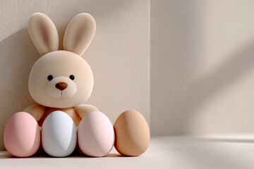 Stuffed rabbit is sitting on a surface with four eggs