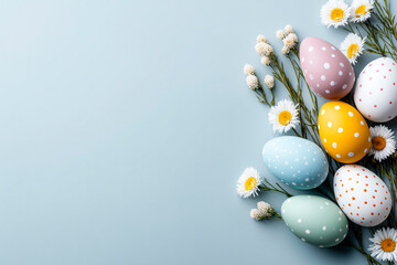 Blue background with a bunch of eggs and flowers