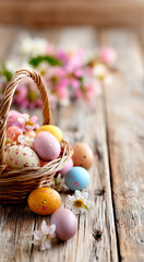 Basket full of Easter eggs is on a wooden table