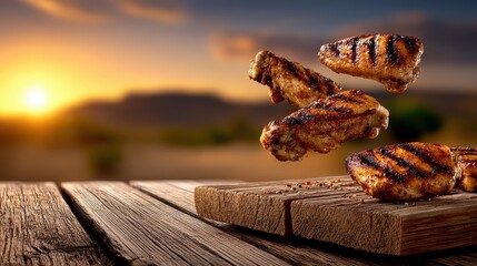 Grilled Chicken Wings Levitating Over Rustic Wood at Sunset