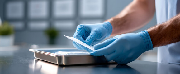 Close-up of medical professional wearing blue gloves preparing sterile surgical instruments on metal tray in clinical environment