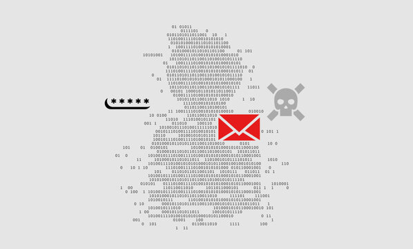 Anonymous binary code hacker silhouette executing a phishing attack with email, password theft, and malware icons. Professional visual for cybercrime awareness, data breach, and network security
