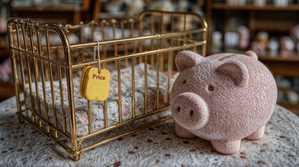 Empty baby crib with price tag and pink piggy bank on fabric surface symbolizing birth control tax policy and financial impact on population growth in China