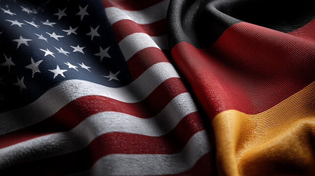 us flag and german flag waving together. relations between usa and germany. strategic partnership agreement trade deal friendship