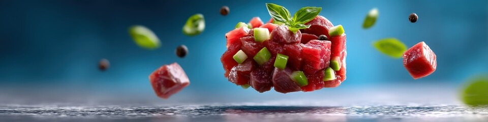 Fresh Levitating Tuna Tartare with Greens and Peppercorns
