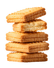A stack of square filled biscuits with one showing a bite mark.
