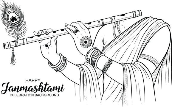 Detailed black line-art vector for Happy Janmashtami featuring hands playing a flute with a peacock feather sketch.