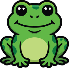 Obraz premium A happy cartoon frog illustration with bright green skin and big black eyes sits smiling