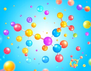 A vibrant, abstract illustration featuring spheres connected by lines, resembling molecular structures against a blue gradient