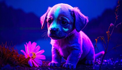 Neon-Lit Puppy with Flower in Dreamlike Night Landscape