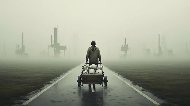 Man pulling cart of spheres through industrial fog