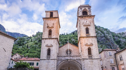 Fototapeta premium Front facade of St Tryphon cathedral in historic part of Kotor city, Montenegro