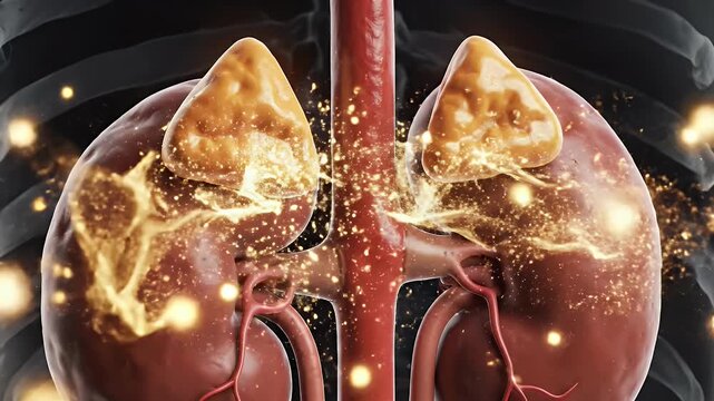 Glowing Thyroid Gland Cinematic 3D Animation Render of Parathyroid Glands on Kidneys Medical Visualization and Anatomy