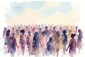 Naklejka premium Diverse group of women walking together in watercolor style.