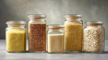 A view of assorted whole grains inside clear glass jars