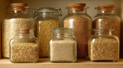 An assortment of whole grains stored in glass jars on a shelf
