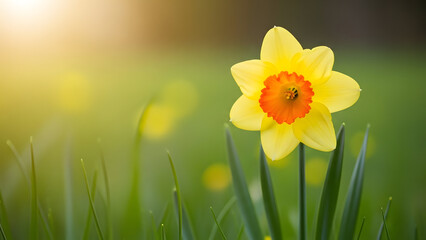 Fototapeta premium St david's day daffodil bloom in green field sunshine