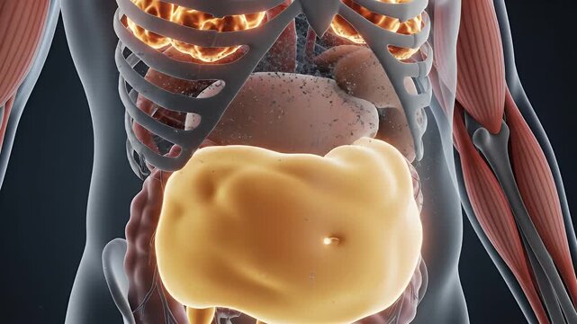 Growth Hormone Animation Flowing In Human Body Anatomy with Golden Particles Medical Visualization of Organ System