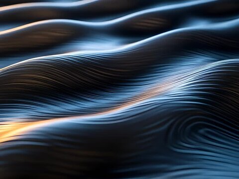 Abstract 3D rendering of fine, parallel lines forming dynamic, flowing waves in dark blue and black, illuminated by glowing orange and cool white light.