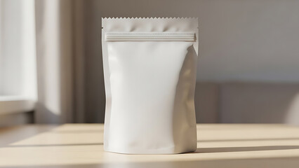 Clean food packaging mockup placed on wooden surface with natural light. 