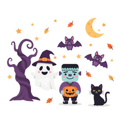 Halloween Characters Ghost Boy Cat Bats Tree.