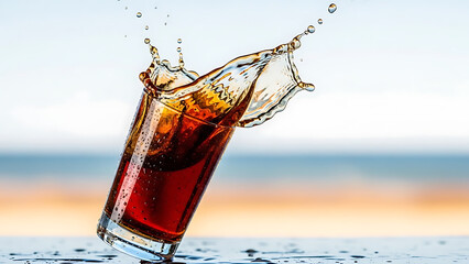 Refreshing iced beverage splash mockup captured in motion. Ideal for drink advertising, summer campaigns, and beverage branding visuals.