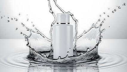 Skincare bottle mockup with dynamic water splash. Perfect for beauty advertising, freshness concept, and cosmetic product promotion.