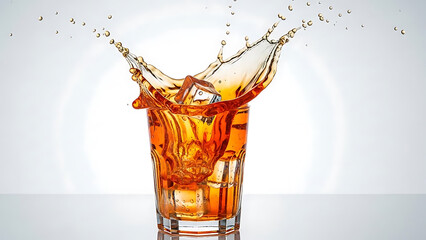 Realistic glass drink mockup with splash effect, perfect for beverage branding, advertising campaigns, and refreshment concept visuals.