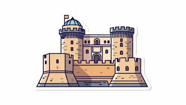 A stylized illustration of a historic stone fortress with multiple towers and battlements