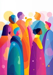 Diverse Group Of People In Colorful Abstract Geometric Outfits With Soft Bokeh Background