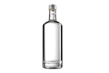 Elegant clear glass bottle with reflective silver cap on a minimalist black background