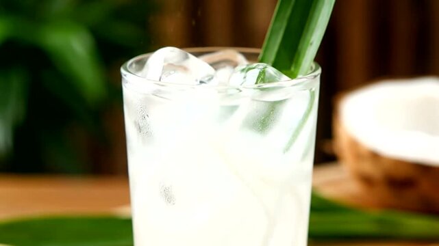 Refreshing Coconut Drink with Ice and Pandan Leaf in Glass.