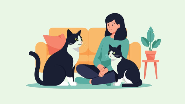 A person sits on the floor with two cats and a plant nearby
