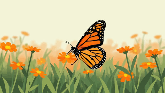 A monarch butterfly alights on an orange wildflower in a meadow