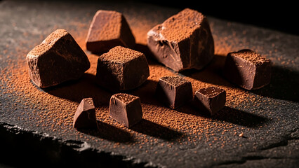 Premium dark chocolate pieces background ideal for dessert branding, food packaging, luxury confectionery advertising, and culinary visuals.