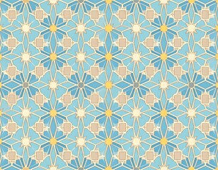 A symmetrical geometric pattern with light blue, yellow, and beige shapes, forming a repeating floral-like design