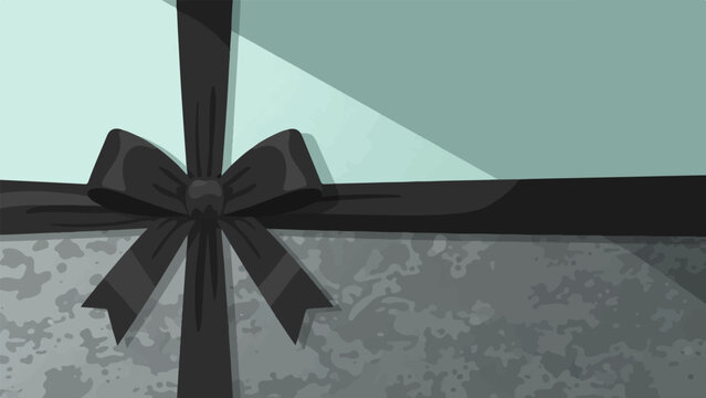 A minimalistic, elegant gift box with a black ribbon and bow on a textured gray surface