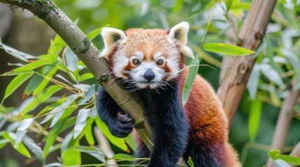 Naklejka premium Red Panda Climbing Tree in Green Foliage Forest Scene
