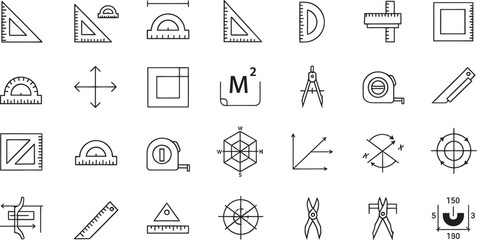 Various drawing tools and geometry icons on white background