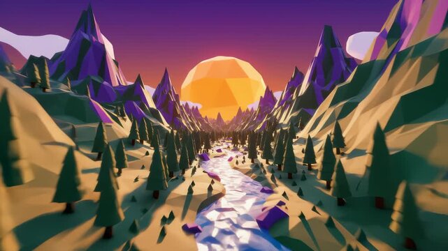 Low Poly River Flows Through Mountainous Landscape Animation