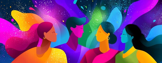 Diverse Group Celebrates With Colorful Abstract Background And Sparkles